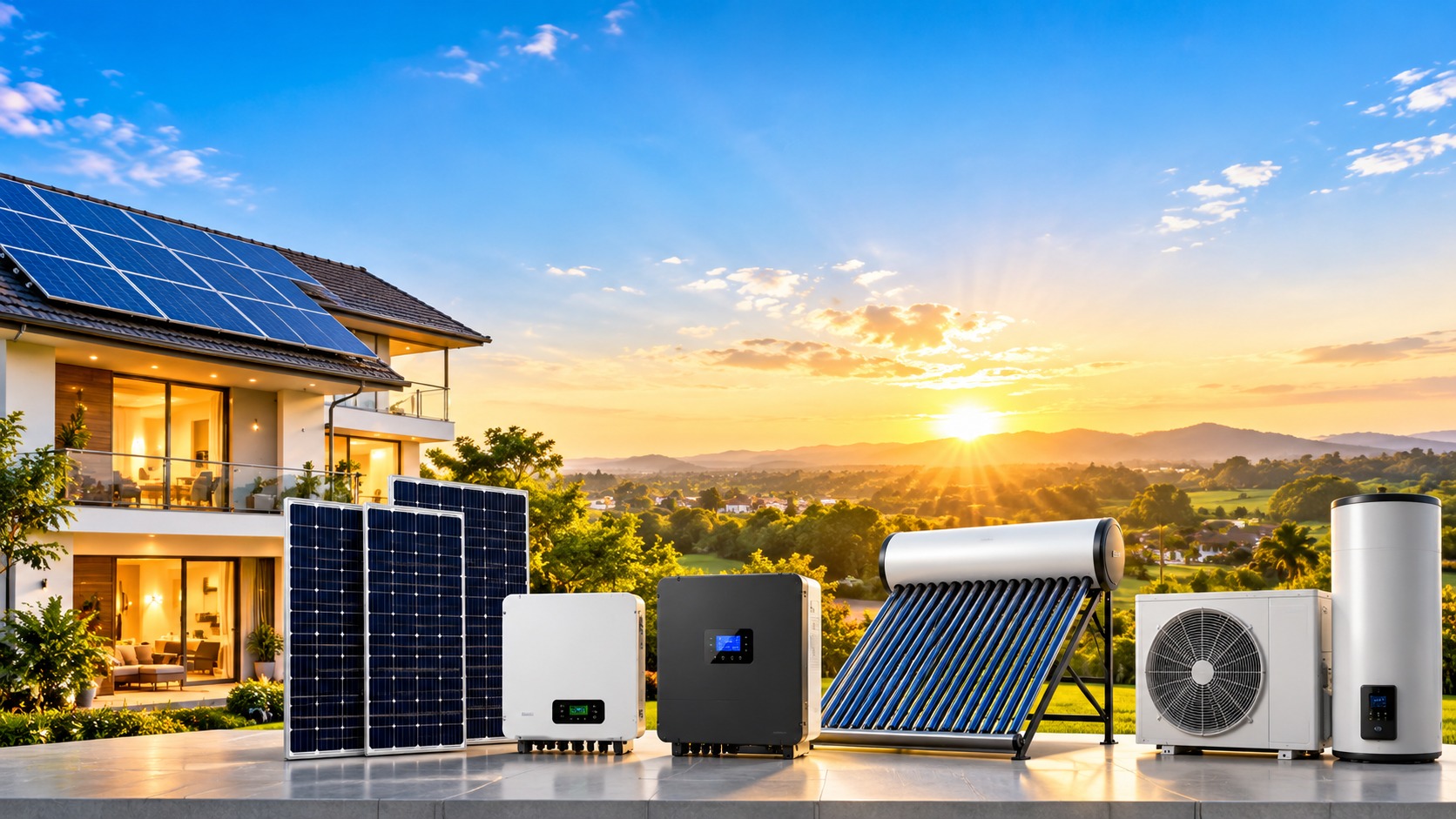 High-resolution solar-powered home with solar panels, inverters, solar water heater and heat pump at sunrise